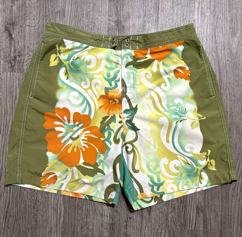 Tommy Bahama Swim Trunks Men’s Size L Green Orange White Floral Lined Pockets